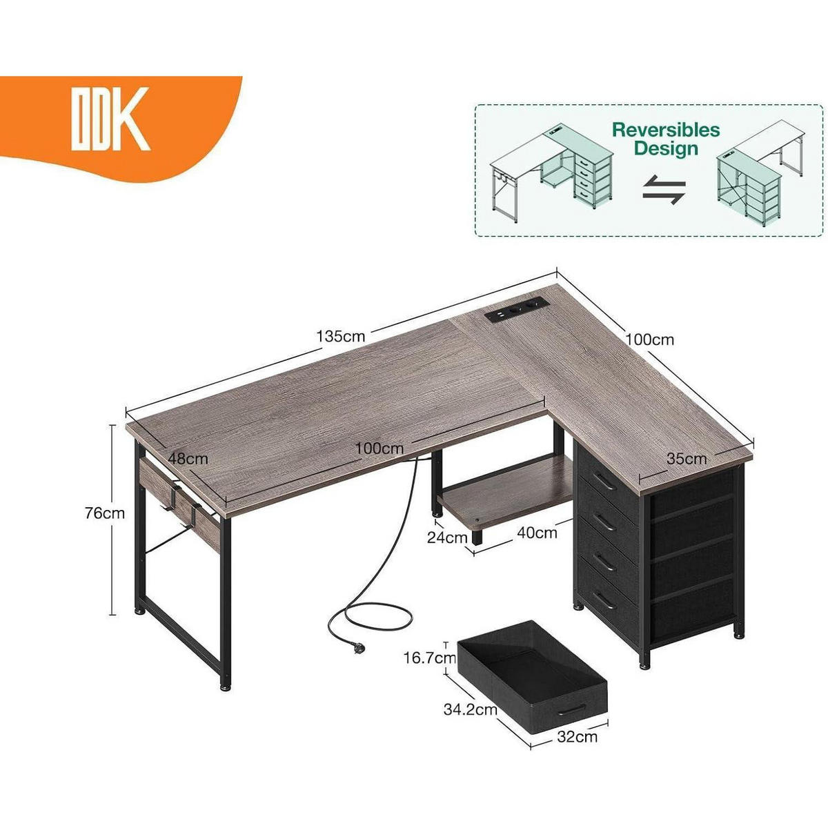 ECKSCHREIBTISCH mit Steckdose und USB 135 x 100 cm Graue Eiche - Grau, Holzwerkstoff (100/135/75.7cm)