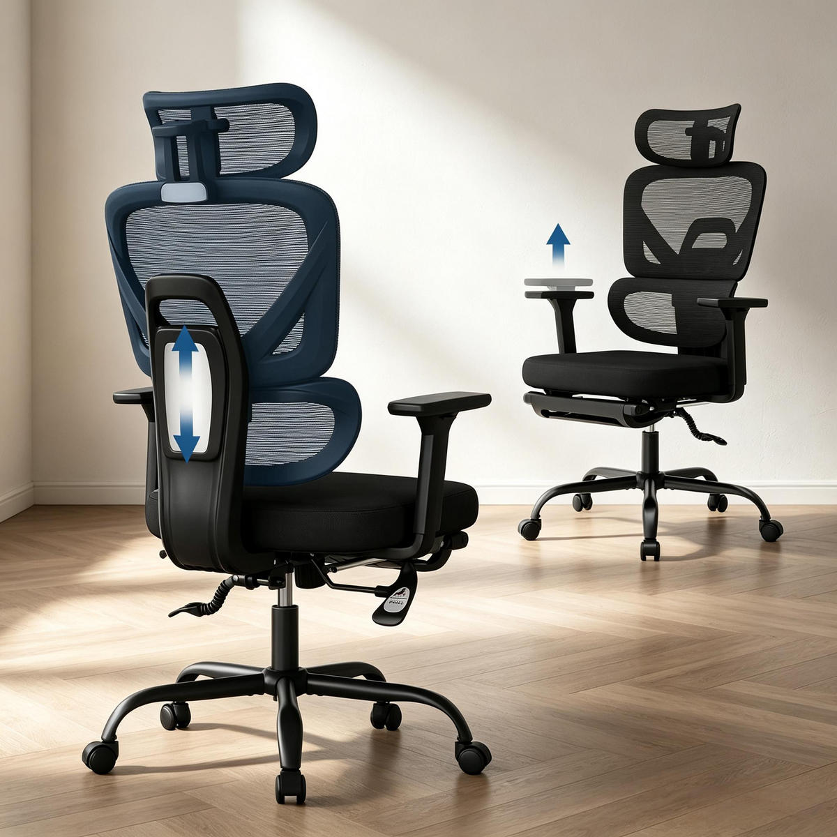DREHSTUHL mit Fußstütze ergonomisch bis 150 kg belastbar - Schwarz, Leder (53/120/76cm) - Gisaae