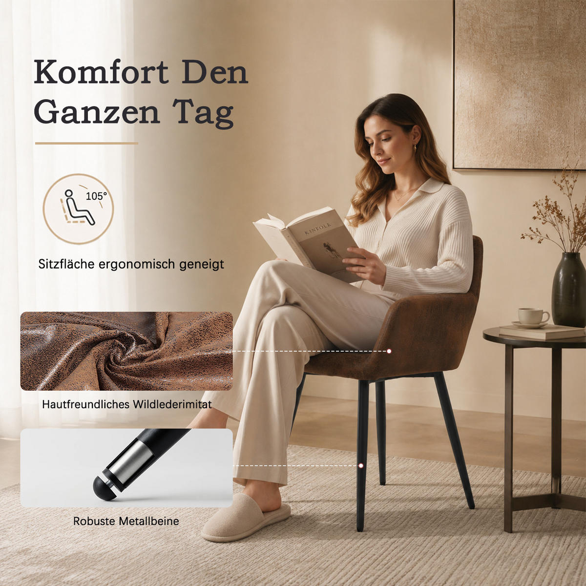 ESSGRUPPE 1 Tisch & 4 Suede Armlehnenstühle Braun - Schwarz/Braun, Textil/Metall (56/78/56cm) - Meubles Cosy