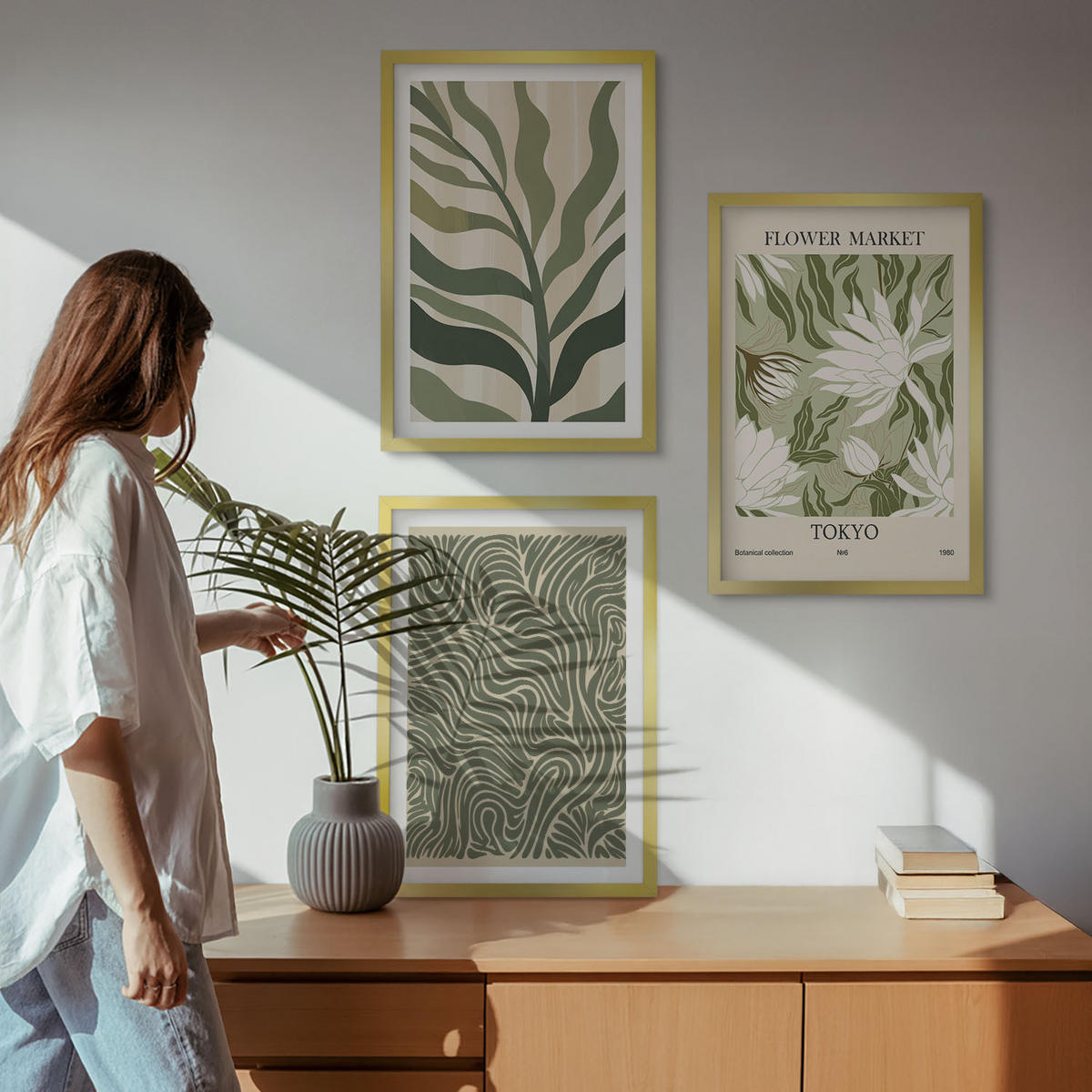 WANDBILDER 3er Set - 40x60 cm Goldrahmen - Pflanzenmuster, Boho-Dekorationen - Goldfarben, Kunststoff (40/60cm) - ArtPrintCave