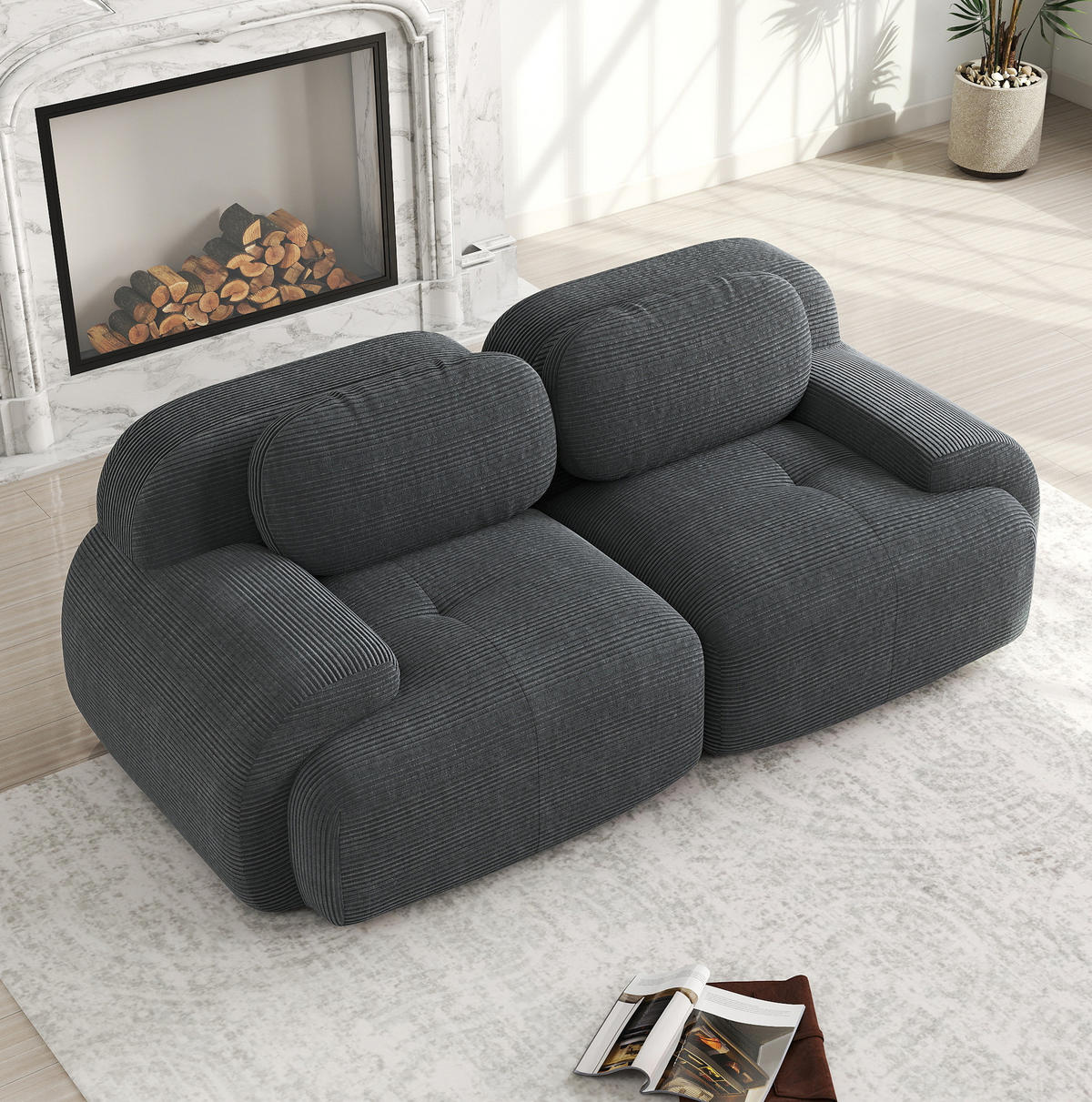 ECKSOFA modular rahmenlos mit geschwungenen Armlehnen und rutschfester Unterseite, Grau - Grau, Textil (208/103cm) - Redom