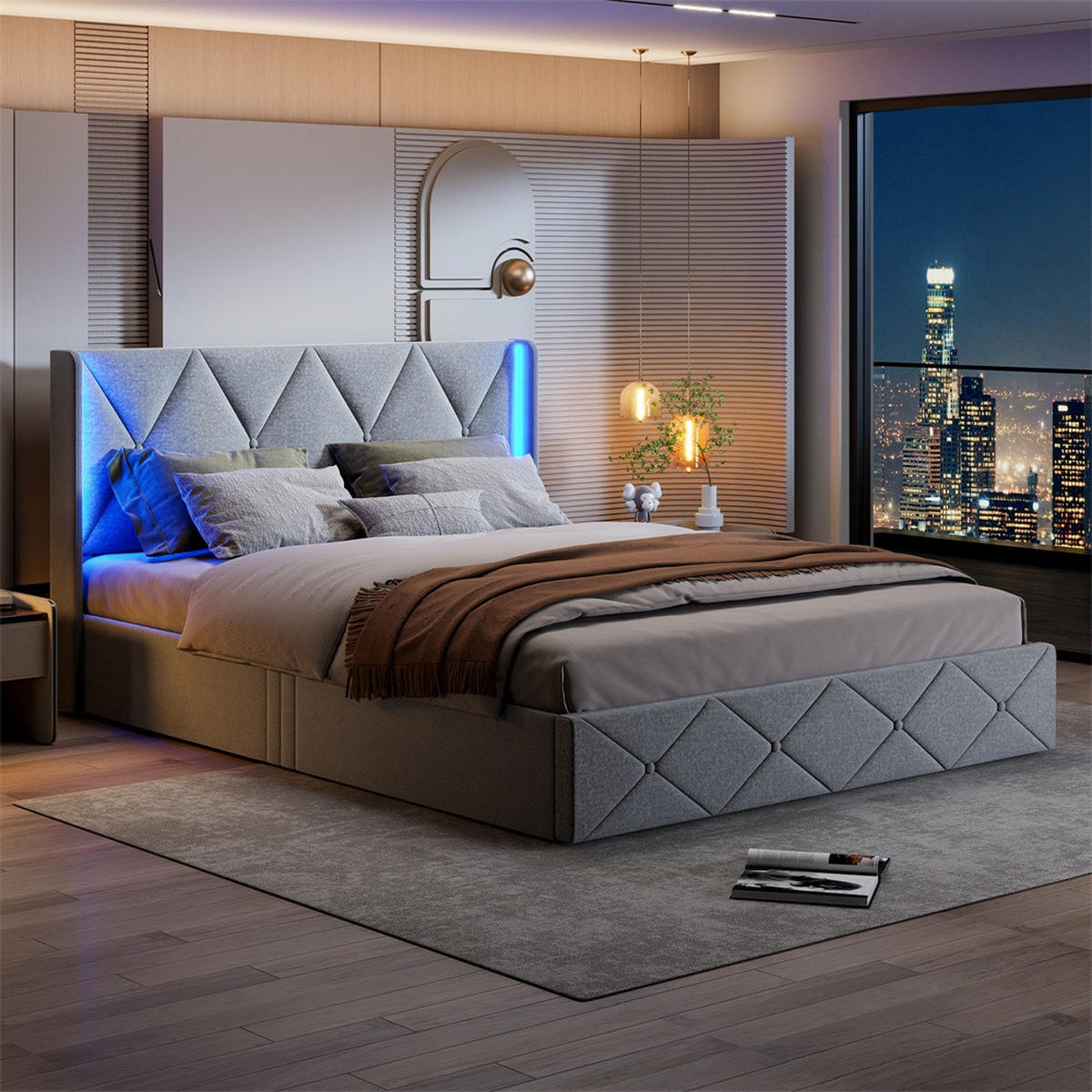 POLSTERBETT 140x200 cm mit LED-Beleuchtung - Kopfteil im Rautendesign und hydraulischem Stauraum - Grau - Grau, Textil (140/200cm) - DELFA