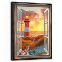 LEINWAND Bilder mit Rahmen - Aussicht - Fenster - Leuchtturm - Sonnenuntergang - Strand - 30x40 - Dunkelorange, Textil (30/40cm) - MuchoWow