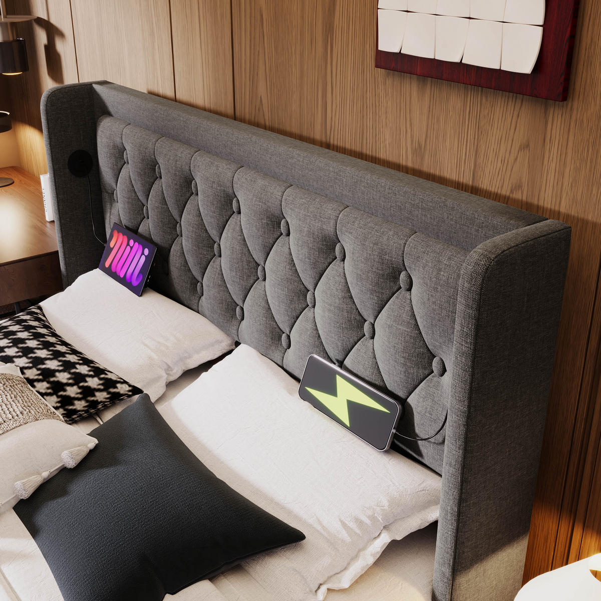 POLSTERBETT 140/200 cm Grau aus Baumwolle mit Stauraum LED und USB/Typ-C mit Matratze - Grau, Textil (140/200cm) - OKWISH