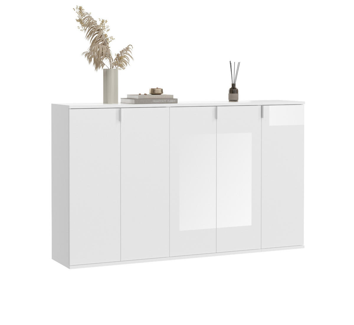 KOMMODE weiß Hochglanz 152 cm, Sideboard mit 16 Fächern - Chromfarben/Weiß Hochglanz, Holzwerkstoff/Metall (152/99/34cm) - Inn.Furn