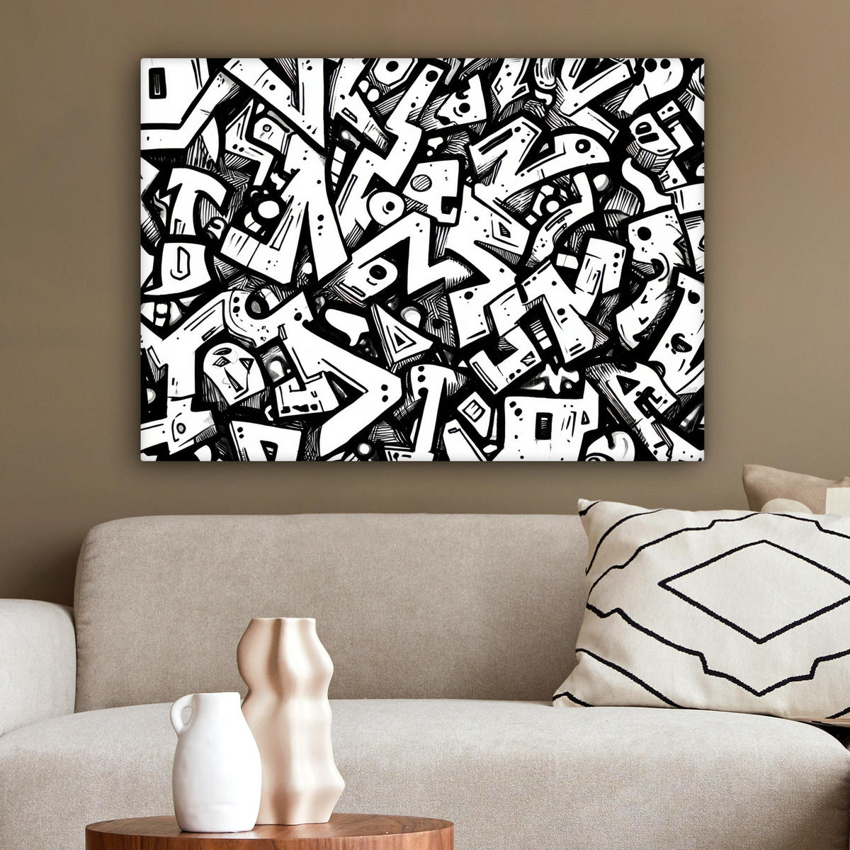 LEINWANDBILD Formen - Buchstaben - Graffiti - Schwarz Wandbilder 80x60 cm - Schwarz, Textil (80/60cm) - MuchoWow
