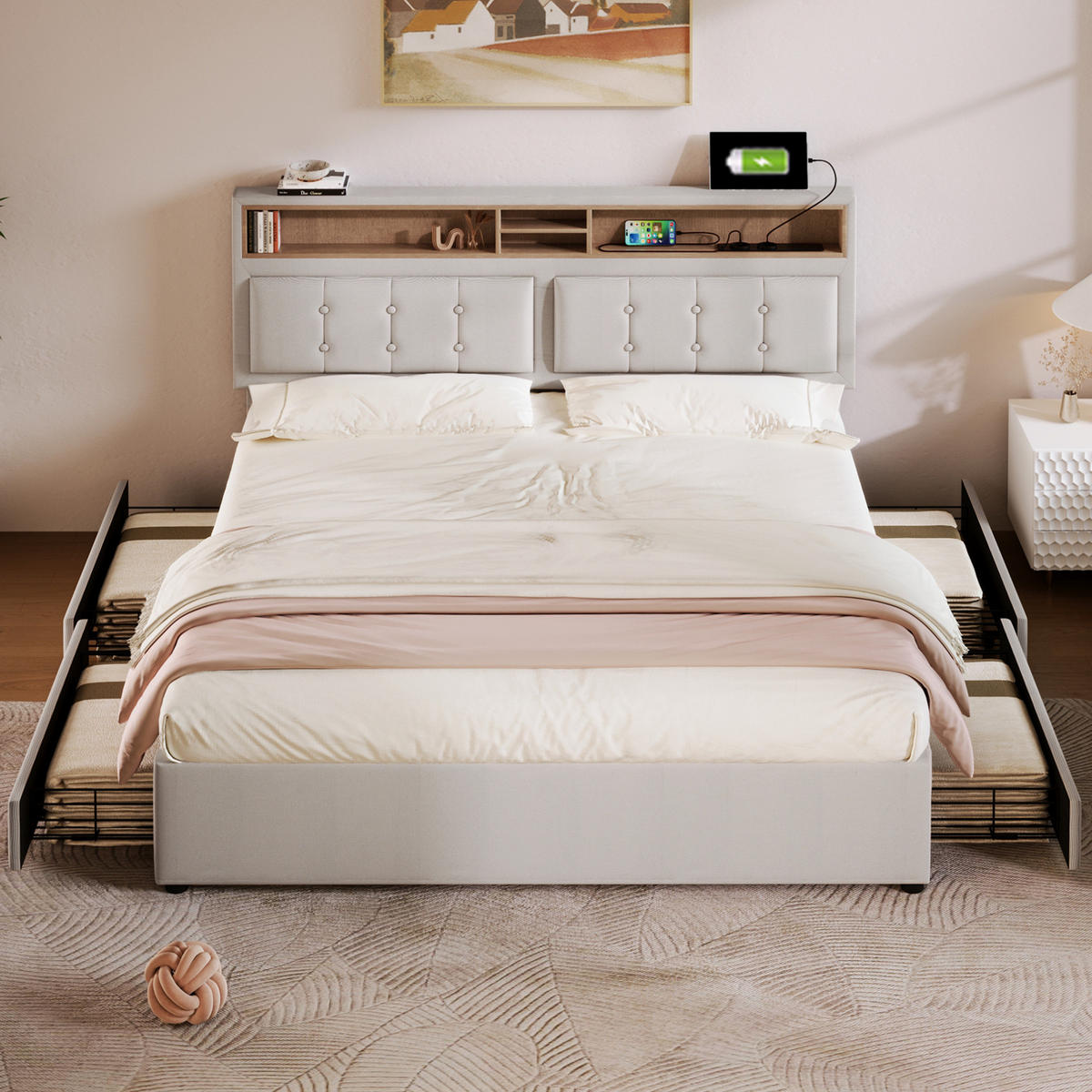 POLSTERBETT mit 4 Schubladen 160x200 cm Leinen Beige mit USB-C - Beige, Metall (160/200cm) - Meubliv