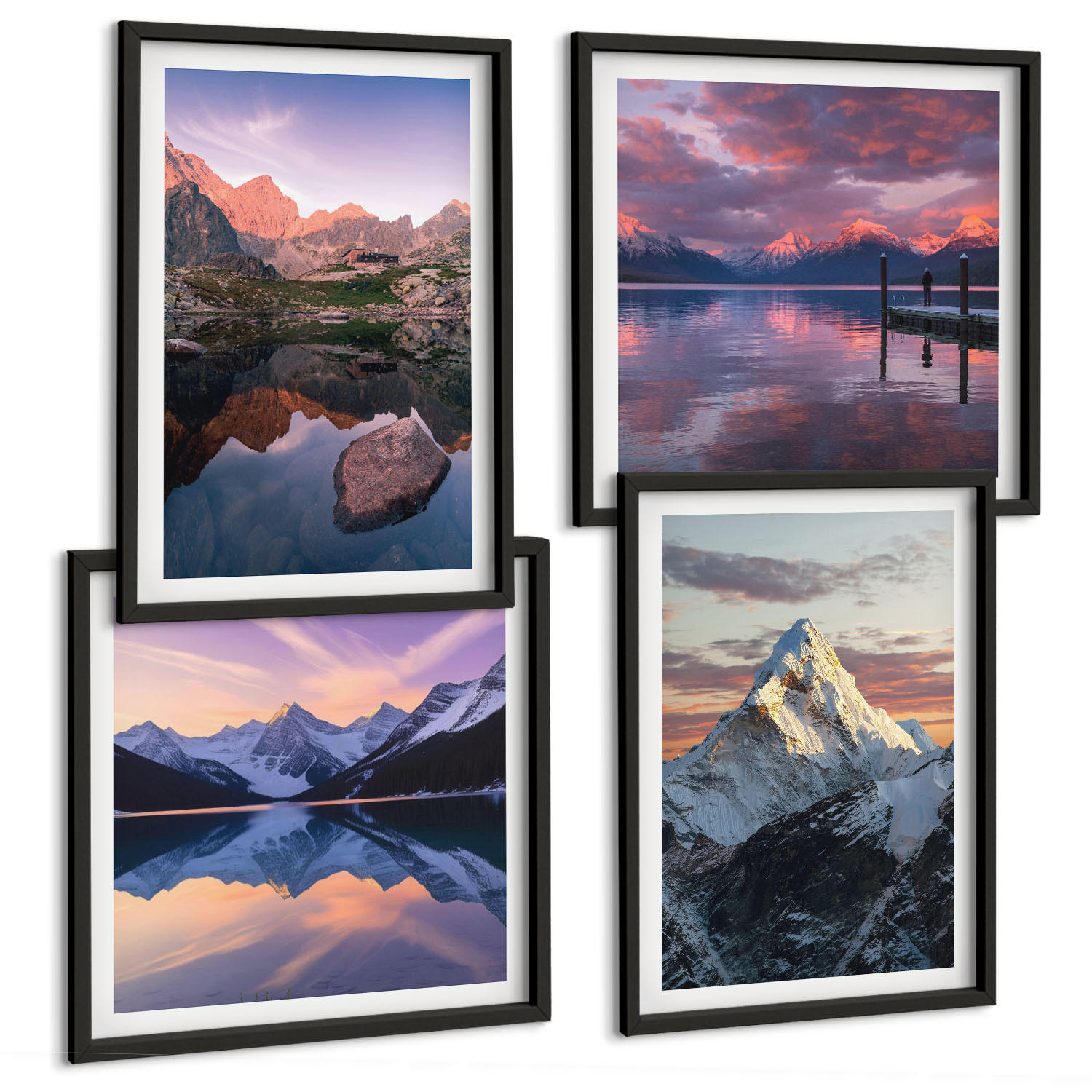 BILDER SET 4er Set - 50x50 cm & 40x60 cm Schwarzer Rahmen - Berglandschaften im Hintergrund - Schwarz, Kunststoff (50/50cm) - TULUP
