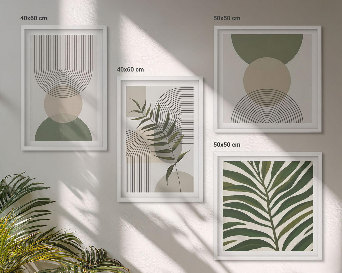WANDBILDER 4er-Set - 50x50 cm & 40x60 cm Weißer Rahmen - Abstrakte Blätter im Boho-Stil - Weiß, Kunststoff (50/50cm) - ArtPrintCave