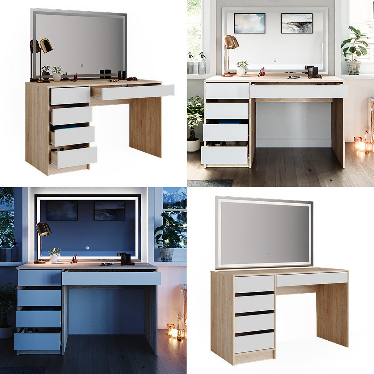 SCHMINKTISCH Sherry Weiß/Sonoma 120 cm mit LED-Spiegel - Weiß/Sonoma Eiche, Holzwerkstoff (120/75/55cm) - Vicco