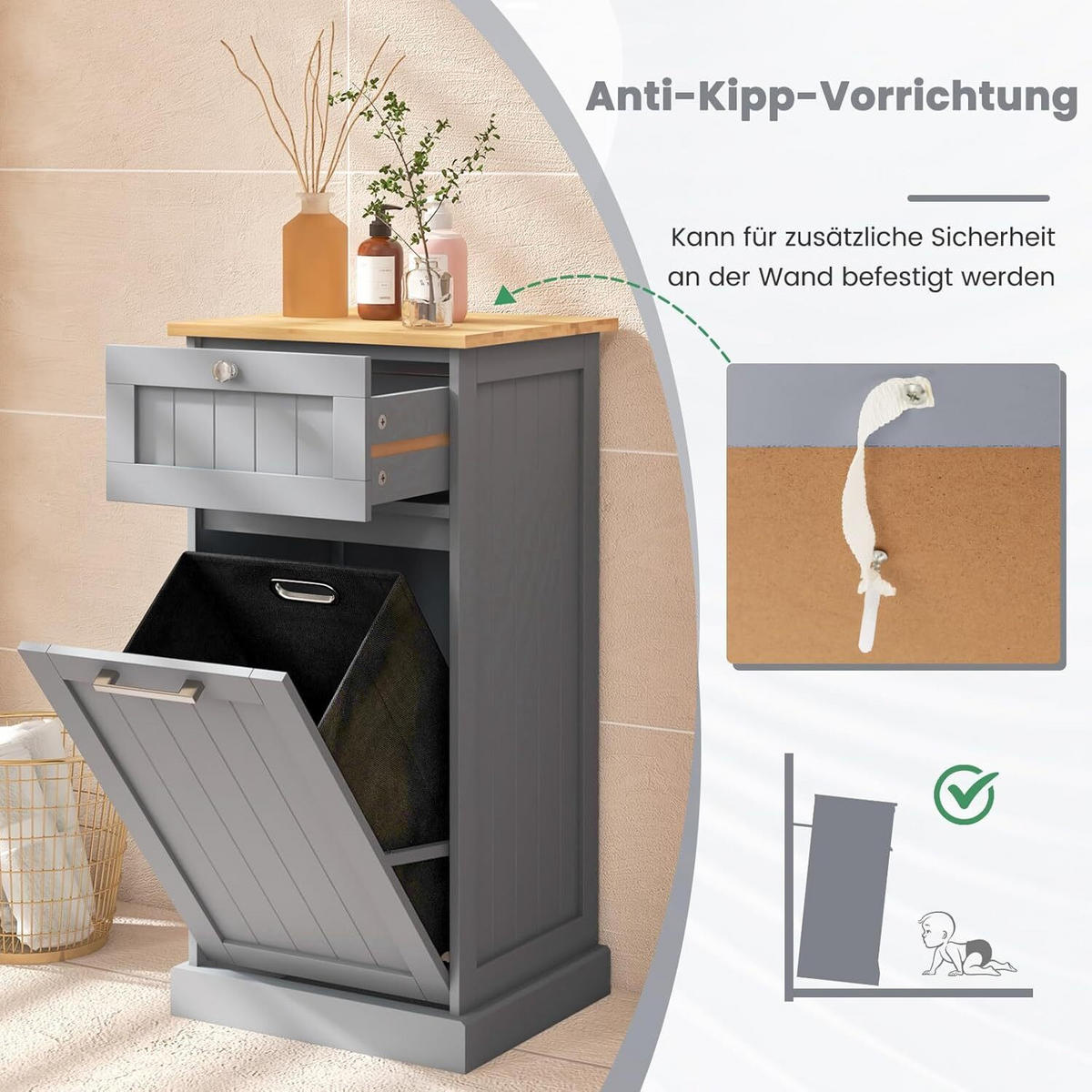 WÄSCHESCHRANK mit Wäschekorb grau - Grau, Holzwerkstoff (40/82/37cm) - COSTWAY