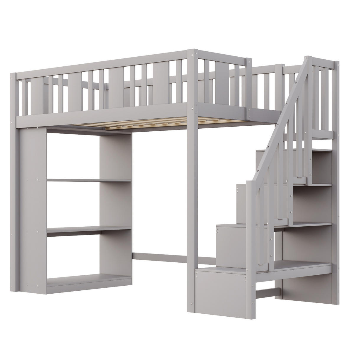HOCHBETT 90/200 cm grau mit Stauraumtreppe mit Matratze - Grau, Holzwerkstoff (90/200cm) - OKWISH