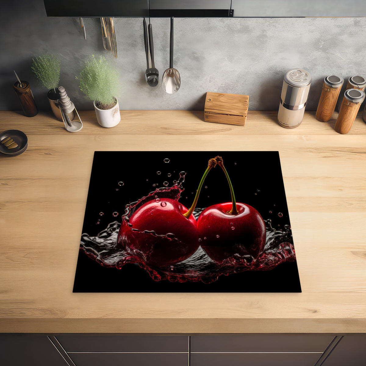 HERABDECKPLATTE - Kirsche - Rot - Frucht - Wasser - Schwarz - 60x50 - Kirschrot, Kunststoff (60/50/0.2cm) - MuchoWow