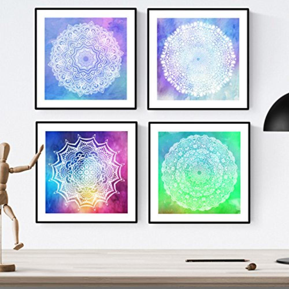 POSTER Set mit 4 Mandalas Schaffung 20x20cm Schwarzer Rahmen - Schwarz, Papier (20/3cm) - Nacnic