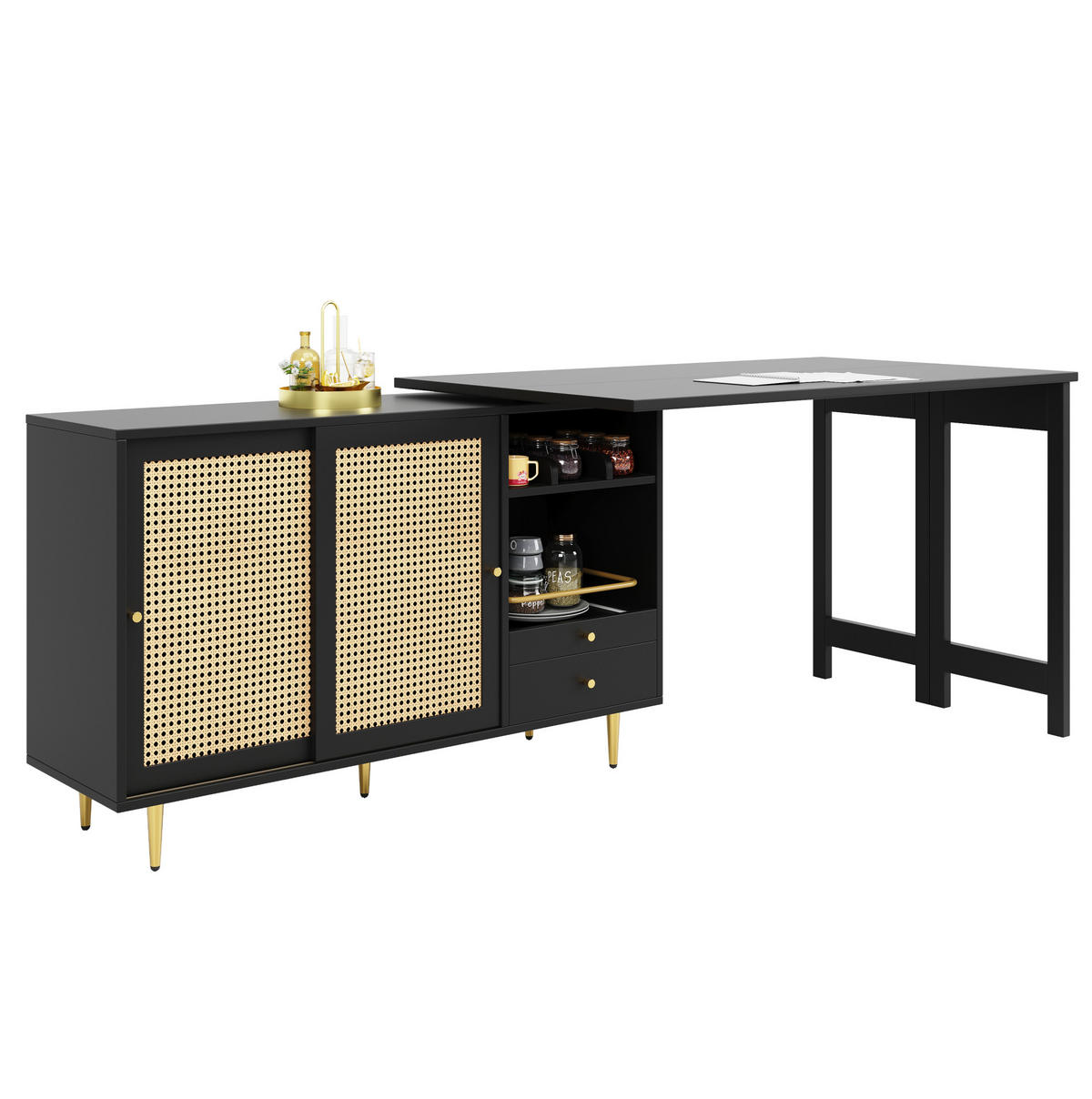 ESSZIMMERSCHRANK aus MDF 107-187x40x71-76cm in Schwarz mit 360° drehbarer Ablage - Schwarz, Holzwerkstoff (187/76/40cm) - Modfu