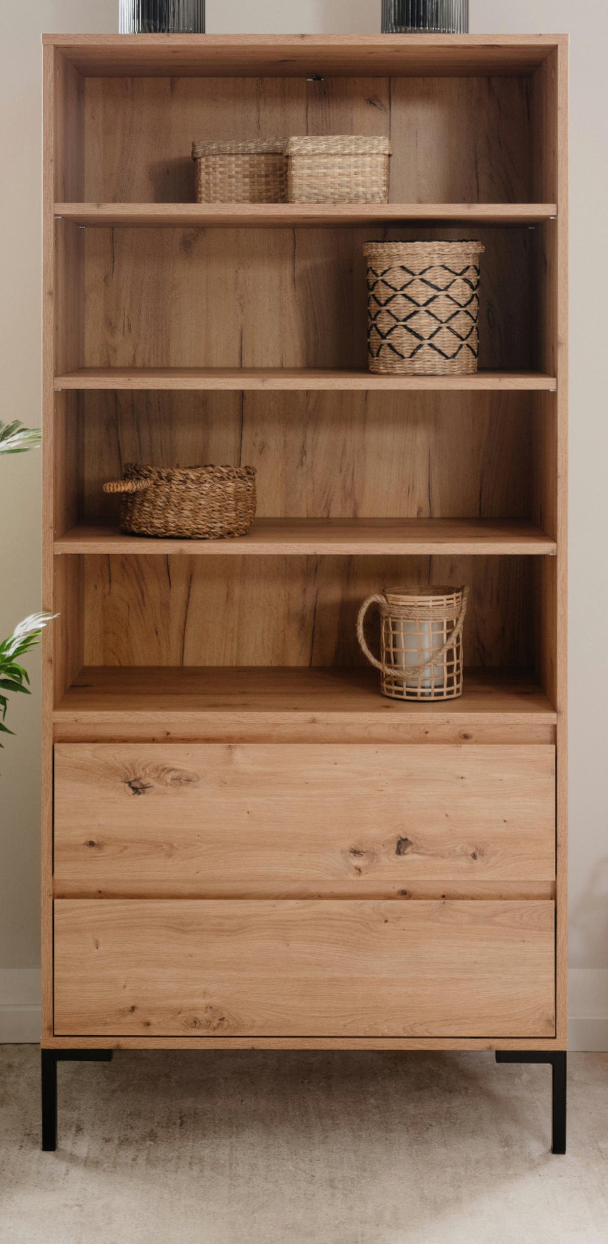 REGALSCHRANK Eiche Artisan 78 cm, Regal mit 2 Schubladen - Schwarz/Eiche Artisan, Holzwerkstoff/Metall (77.5/165/40cm) - Furn.Design