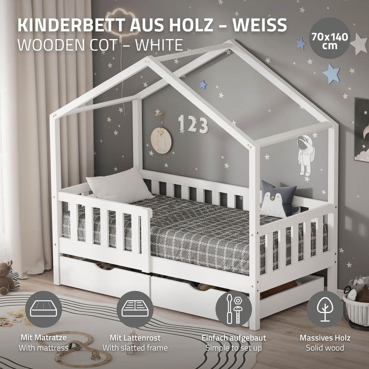 HAUSBETT mit Matratze 70x140 cm und 2 Schubladen Weiß aus Kiefernholz - Weiß, Holz (70/140cm) - ML-DESIGN