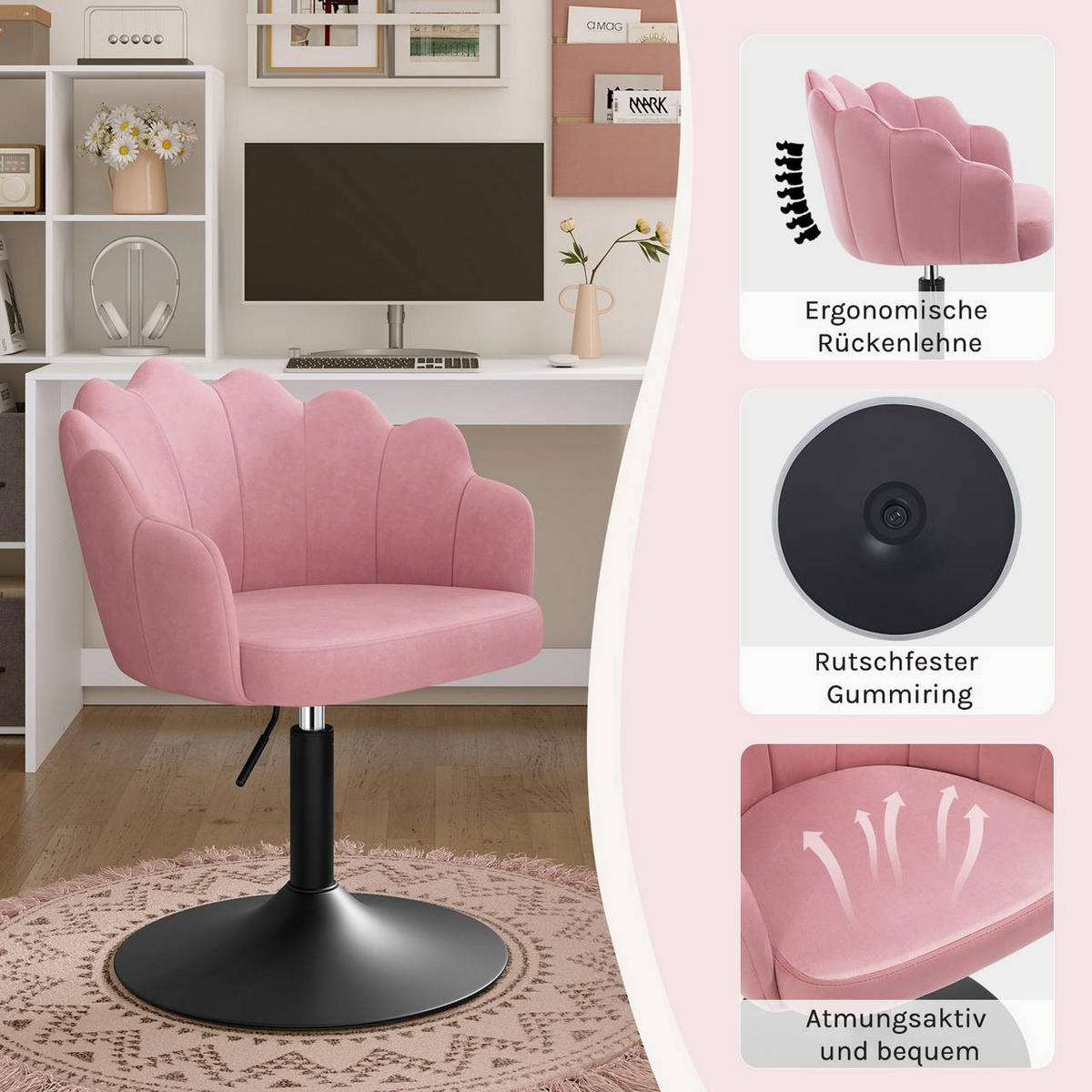 DREHSTUHL, Blumenform, Smt, Schminkstuhl, Rosa - Schwarz/Rosa, Textil/Metall (55/67/50cm) - Woltu