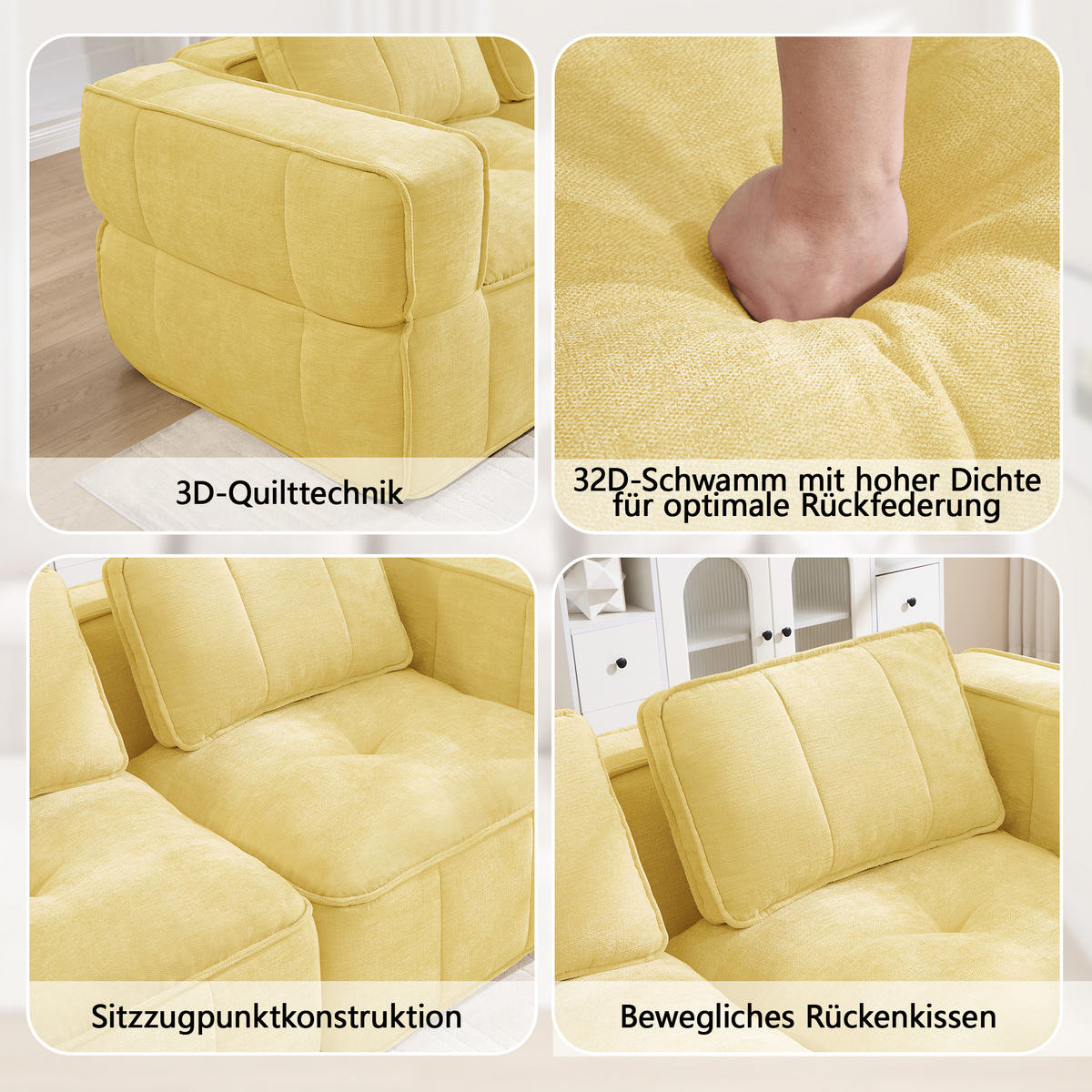 2-SITZER-SOFA DE-34428 modular mit 2 Hockern Gelb - Gelb, Textil (162/67/198cm) - ComfortXL