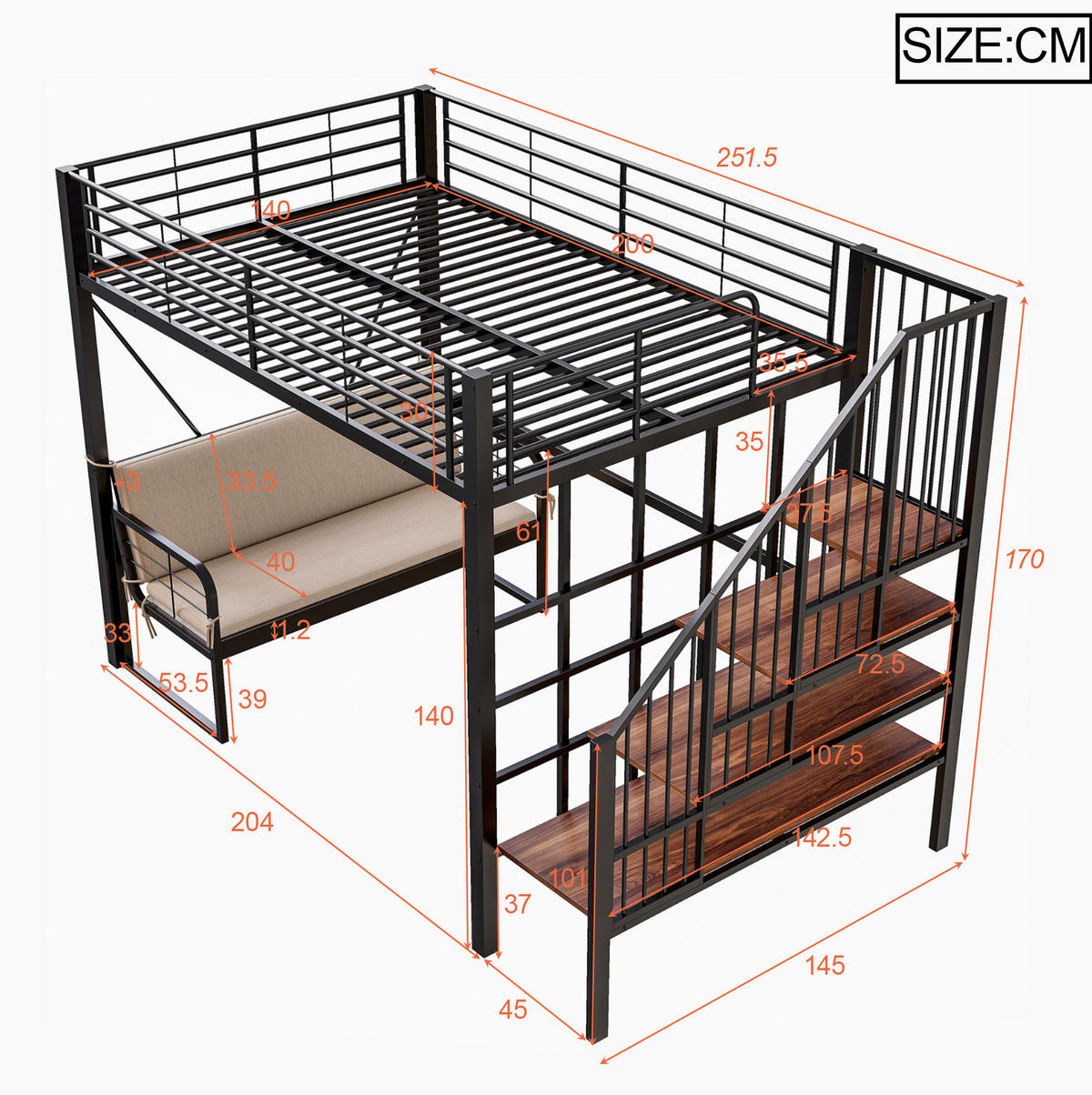 ETAGENBETT 140/200 cm, Schwarz mit Stauraum und Polstersofa - Schwarz, Metall (140/200cm) - MIVRAY