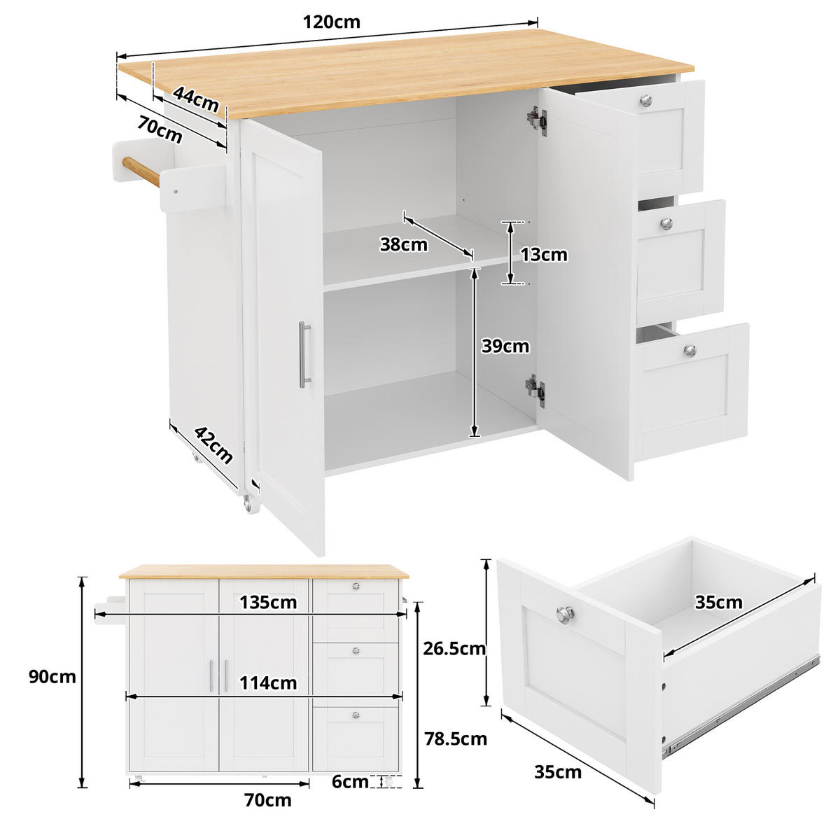 KÜCHENINSEL in Weiß und Naturfarbe Servierwagen mit Schubladen für Küchen und Esszimmer, B135/T44 (70)/H90 cm - Weiß, Holzwerkstoff (135/90/44cm) - STILVORA
