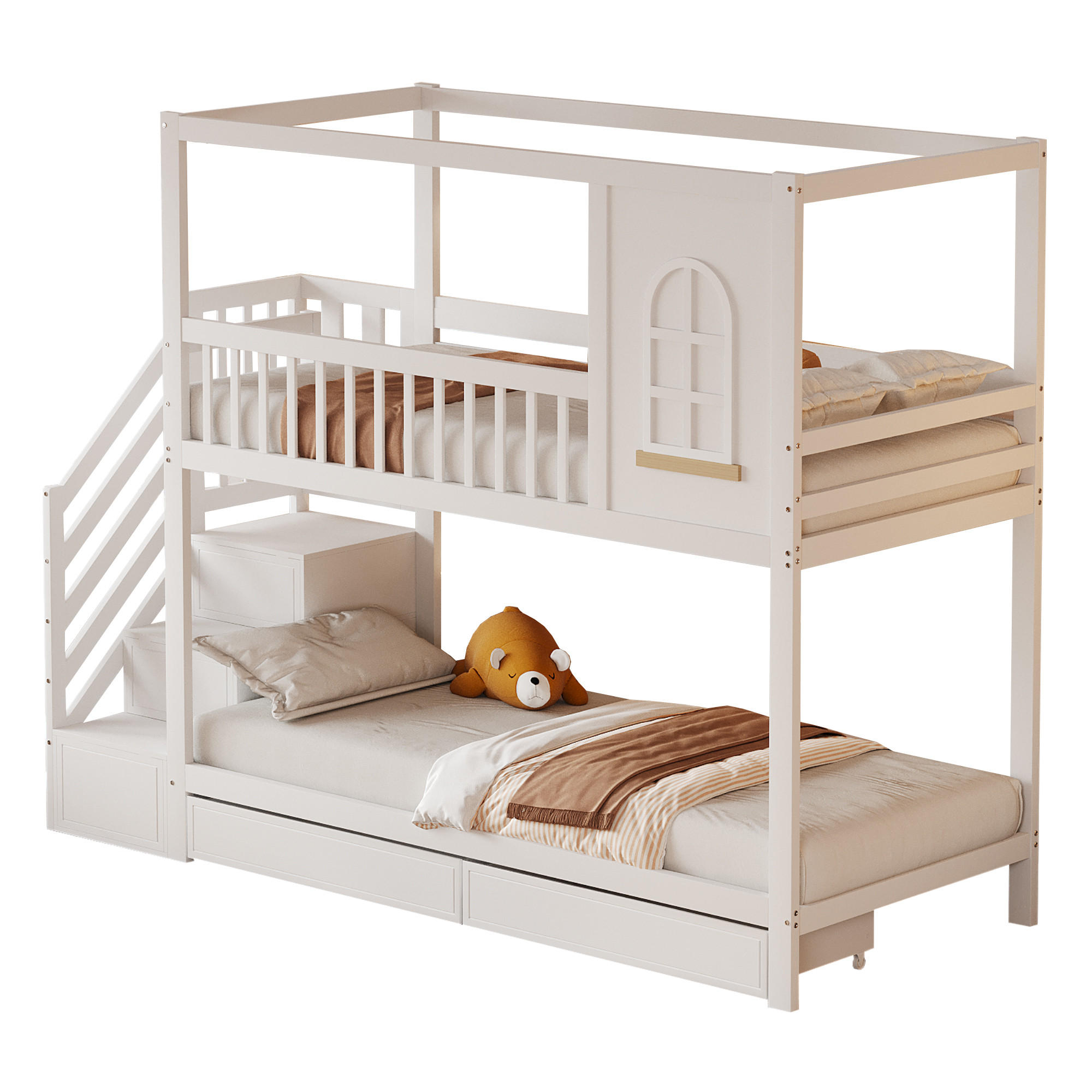 STILVORA PALANDA 90/200 cm & 90/200 cm, bílá, se zásuvkami a žebříkem, domečkový design