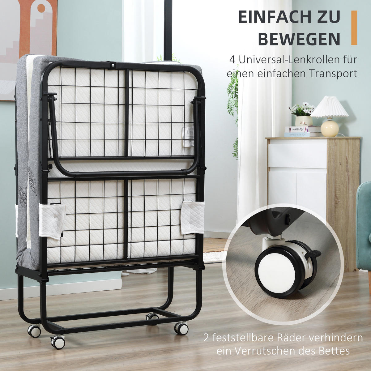 GÄSTEBETT 2-in-1 Klappbett mit Rollen klappbar Stahl+Schaumstoff Weiß+Schwarz - Weiß, Metall - HOMCOM