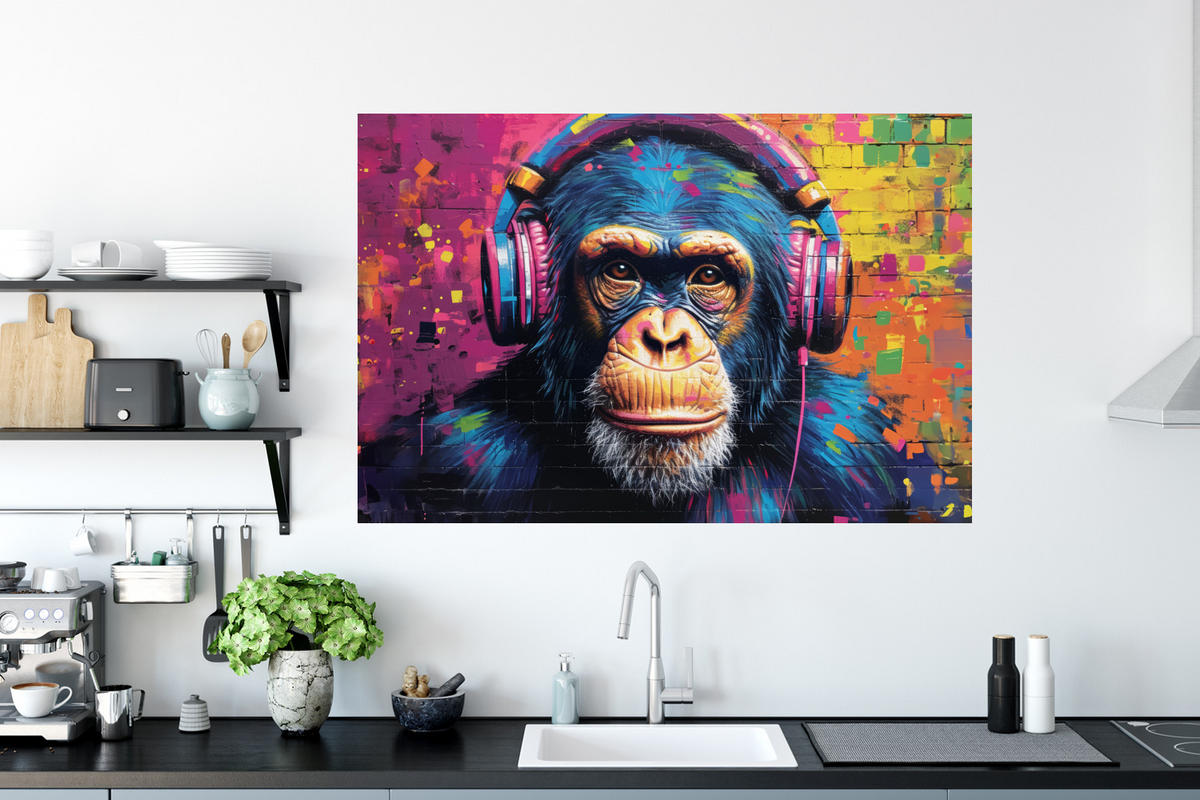 WANDTATTOO Graffiti - Schimpanse - Straßenkunst - Kopfhörer - Affe 120x80 cm - Blau, Kunststoff (120/80/0.1cm) - MuchoWow
