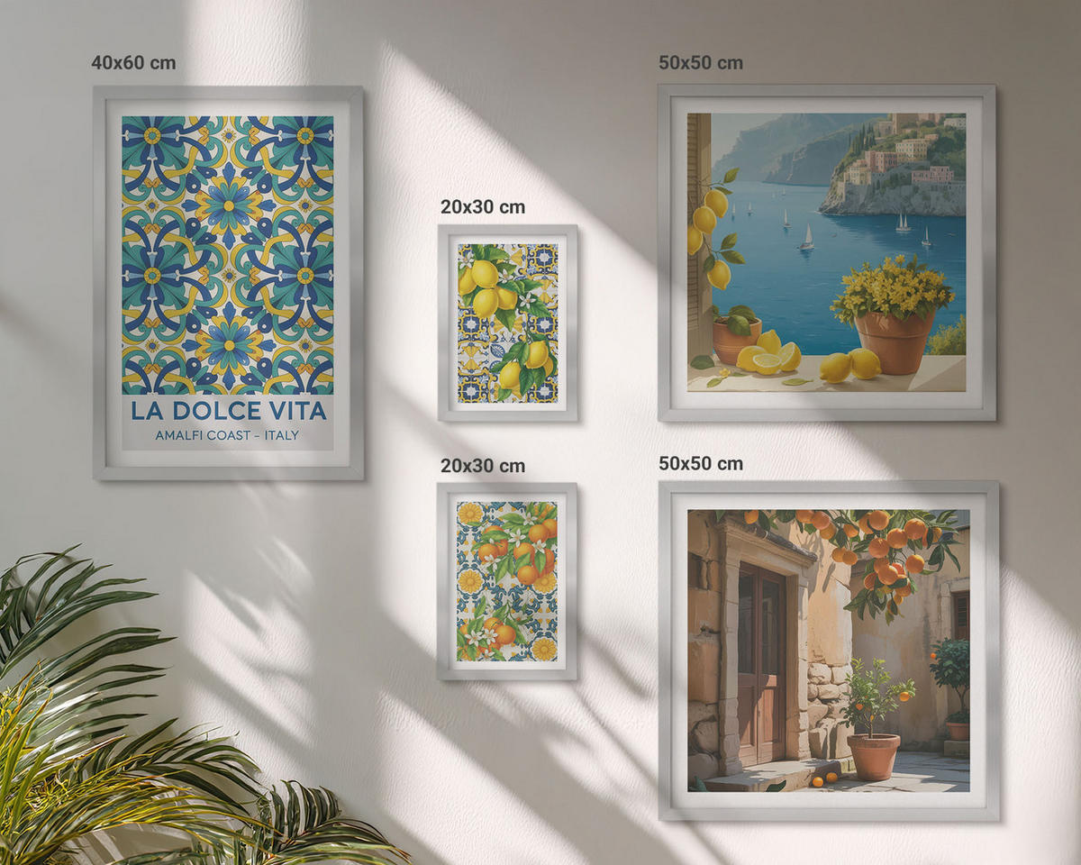 BILDER SET 5er Set - 50x50 cm & 20x30 cm & 40x60 cm Silberner Rahmen - Farbenfrohe abstrakte Zitrusfrüchte - Silberfarben, Kunststoff (40/60cm) - TULUP