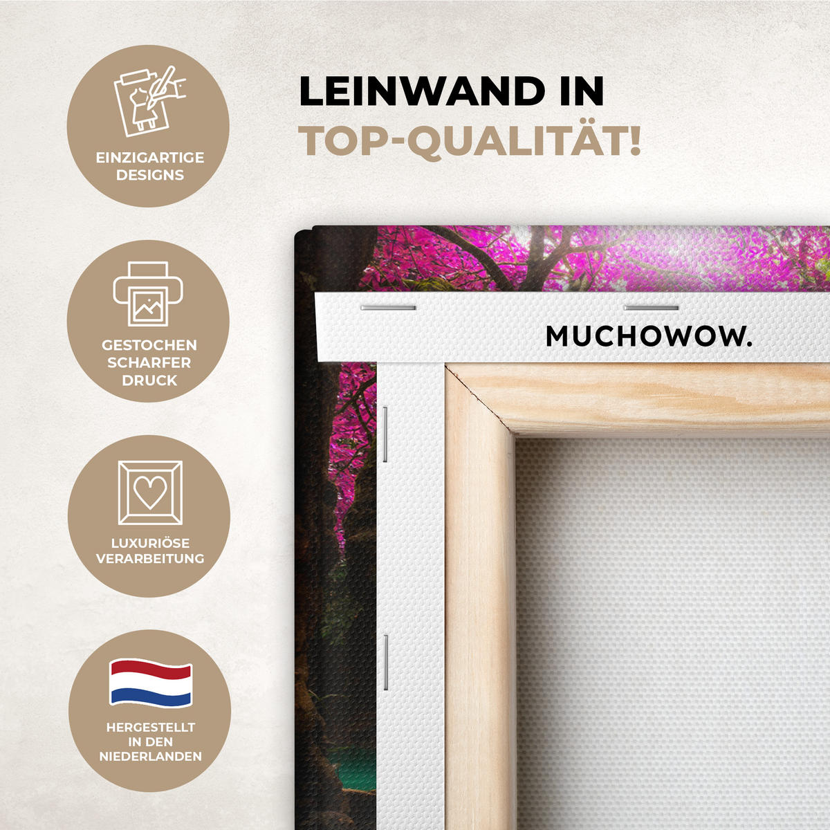 LEINWANDBILD Wasserfall mit bunten Blumen und Bäumen - Natur - Dschungel Deko Schlafzimmer 30x20 cm - Waldgrün, Textil (30/20cm) - MuchoWow