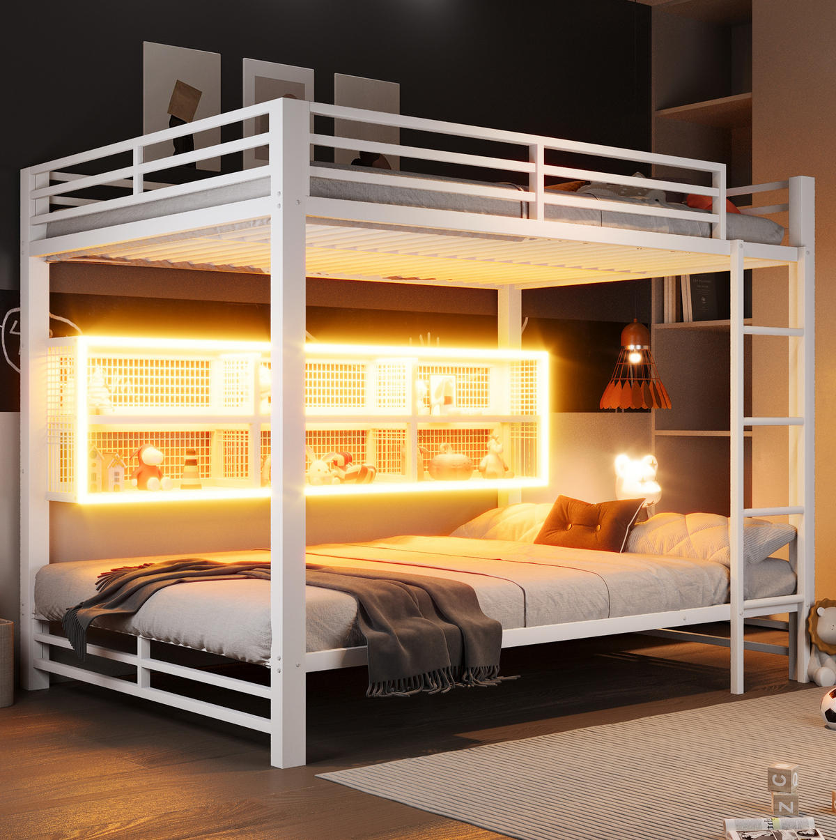 ETAGENBETT aus Metall 140x200 cm Weiß mit 6 Stauraumschränken und LED-Beleuchtung - Weiß, Metall (140/200cm) - IVMEU