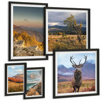 BILDER SET 5er Set - 50x50 cm & 20x30 cm & 40x60 cm Schwarzer Rahmen - Berglandschaften, Hirschgras - Schwarz, Kunststoff (40/60cm) - TULUP