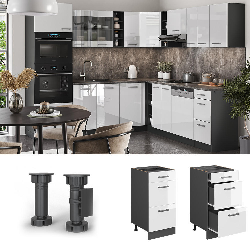 Thumbnail - Vicco Schubladenschrank, Weiß Hochglanz, Anthrazit, Holzwerkstoff, 3 Fächer, 3 Schubladen, Rechteckig, 40x81.6x60 cm, Kü...