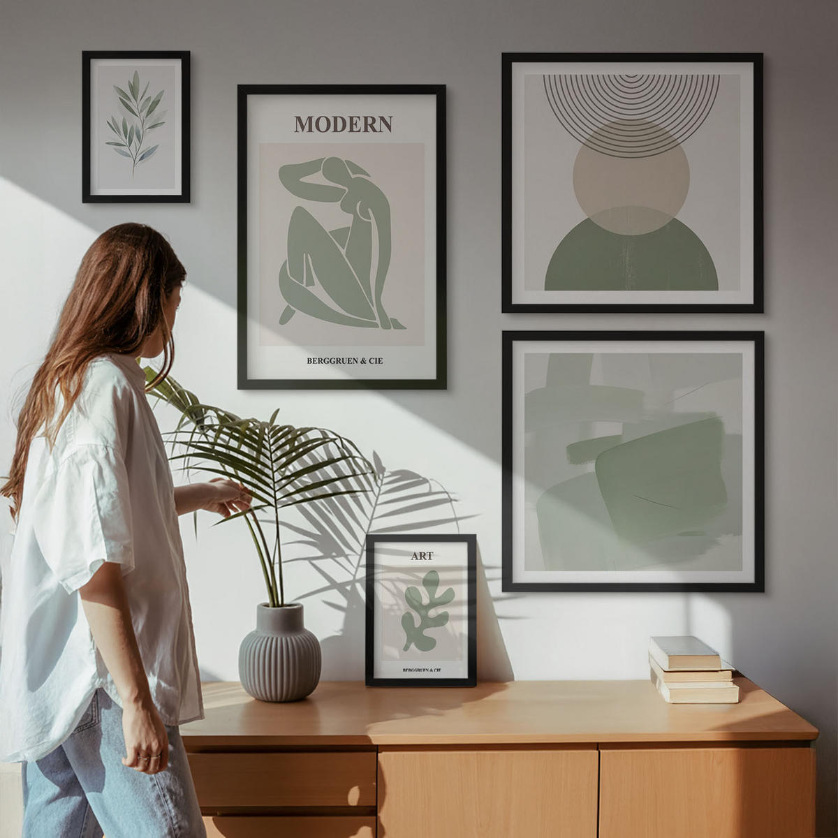 BILDER SET 5er Set - 50x50 cm & 20x30 cm & 40x60 cm Schwarzer Rahmen - Stilvolle abstrakte Pflanzengrafiken - Schwarz, Kunststoff (40/60cm) - TULUP