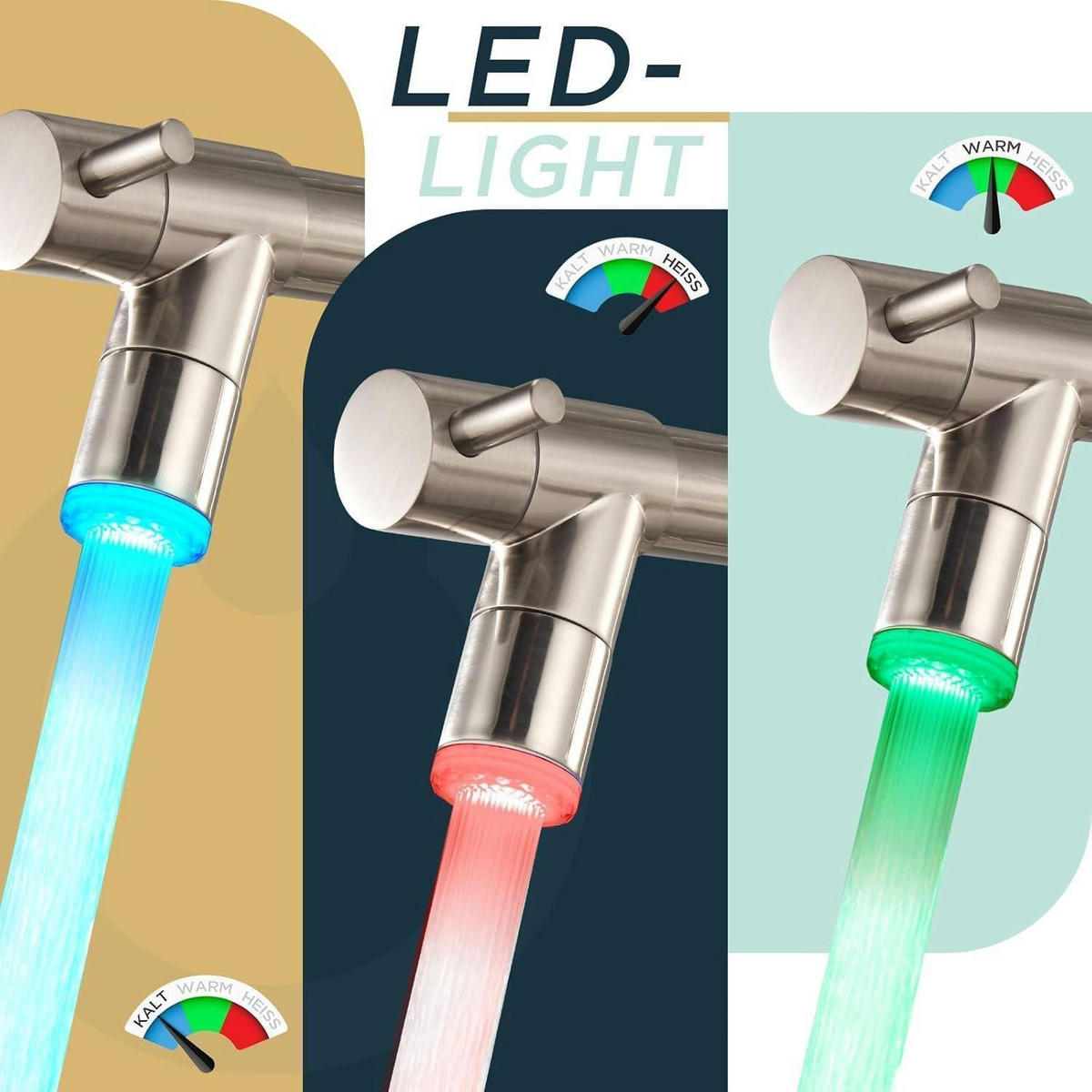 KÜCHENARMATUR Edelstahl mit LED und 360° Schwenkbarkeit - Silberfarben, Metall (20.5/10.7/44.2cm)