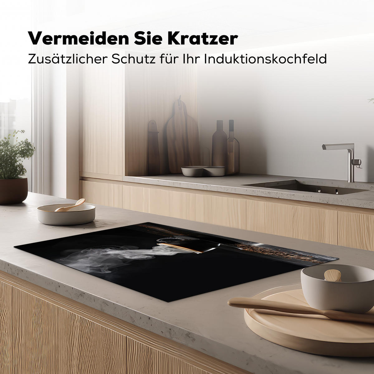 HERDABDECKPLATTE Kaffee - Schwarz - Bohnen - Heiß - Tasse Induktionsmatte 81x52 cm - Schwarz, Kunststoff (81/52/0.2cm) - MuchoWow
