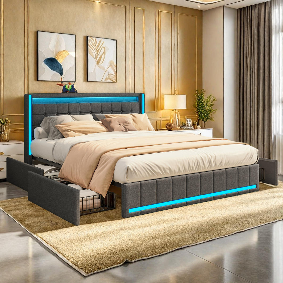POLSTERBETT mit LED-Beleuchtung, USB-Anschluss und 4 Metallschubladen, dunkelgrau, Leinenmaterial. - Grau, Holz (160/200cm) - WoodenAura