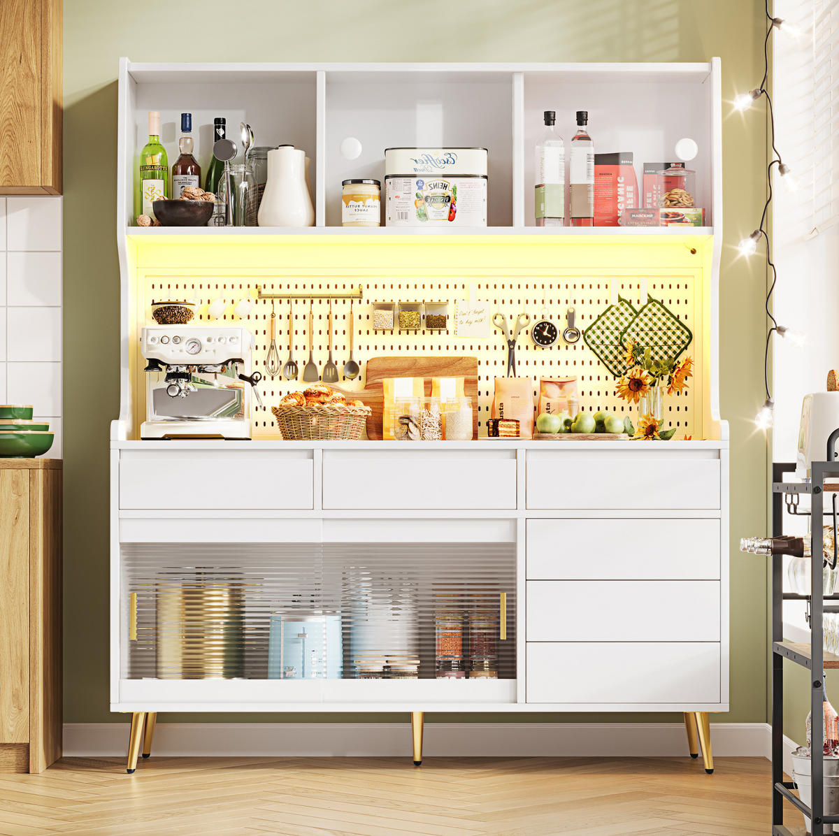 BUFFET 145/39/171 cm in Weiß mit LED-Beleuchtung und Schiebetüren - Weiß, Holzwerkstoff (145/171/39cm) - Flora Grace