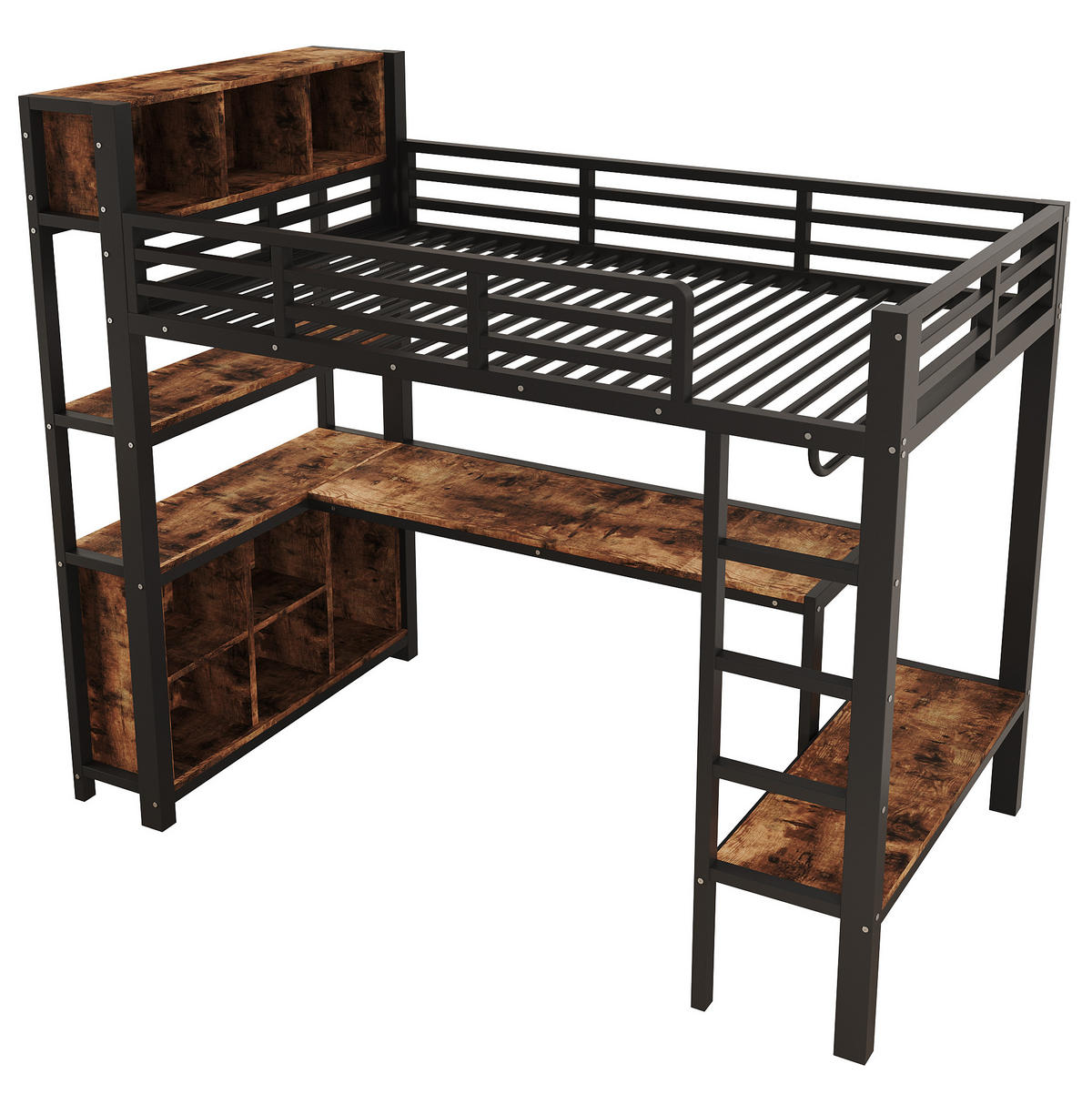 HOCHBETT Metall & MDF 90x200 cm Schwarz mit Schreibtisch, Kleiderstange und Regalen - Schwarz, Holzwerkstoff (90/200cm) - Modfu
