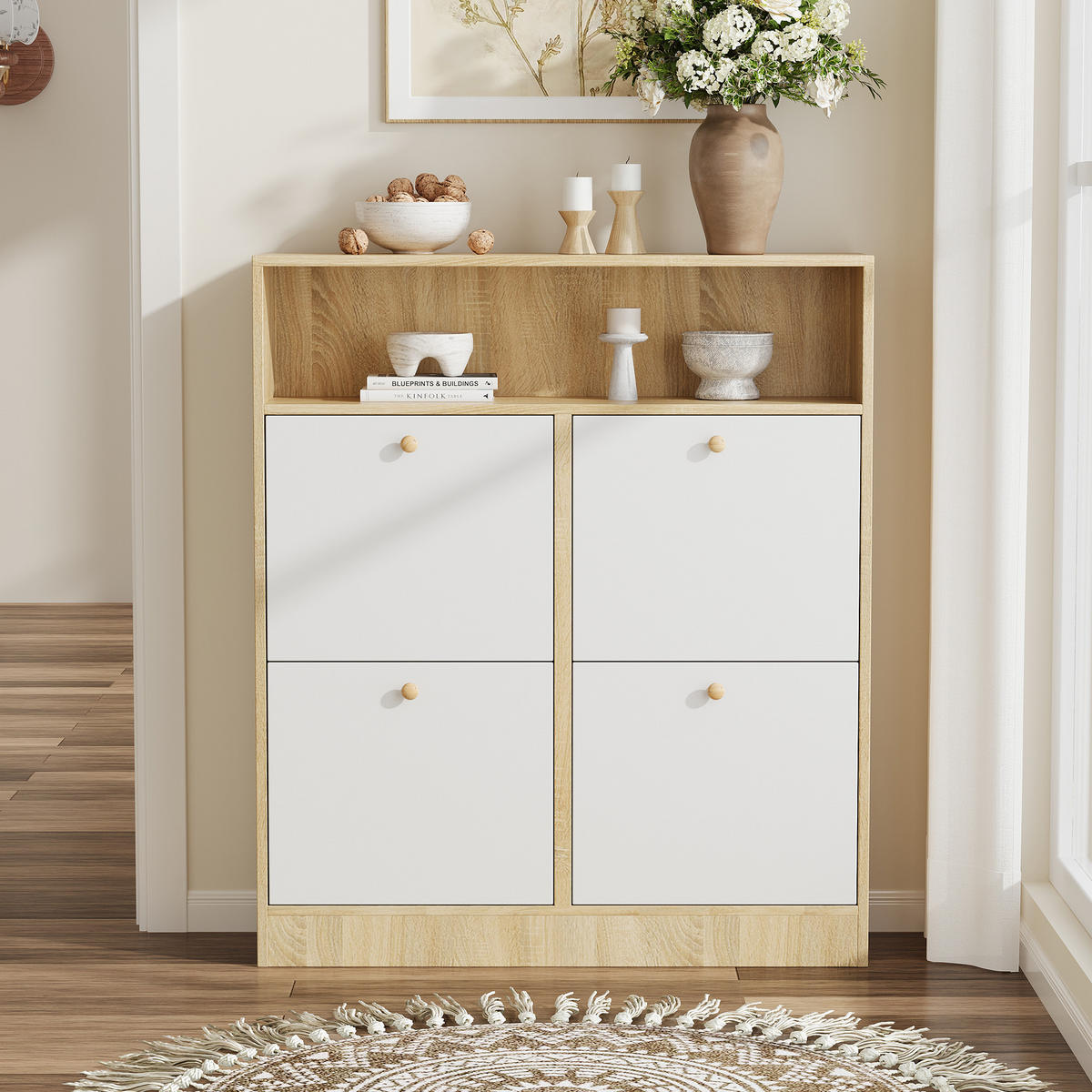 SCHUHSCHRANK aus Spanplatte 90x24x104,5cm in Natur mit 4 Klappen - Naturfarben, Holzwerkstoff (90/104.5/24cm) - Modfu