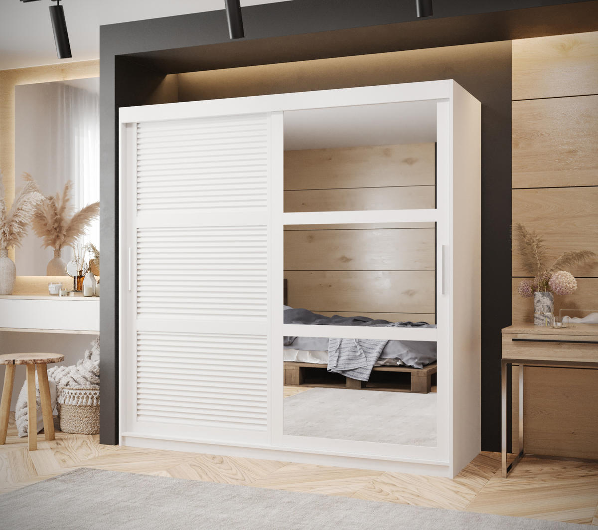 SCHWEBETÜRENSCHRANK 200/180/62 2-türig - Silberfarben/Weiß, Holz/Kunststoff (180/200/62cm) - MÖBEL KRYSPOL