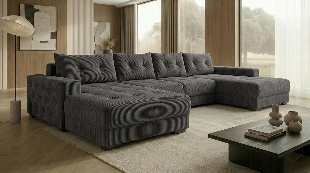 ECKSOFA MODENA 320 cm x 185 cm – Stoff: ZOOM 22 Farbe: Dunkelgrau - Dunkelgrau, Textil (320/185cm) - A&J MöbelLand