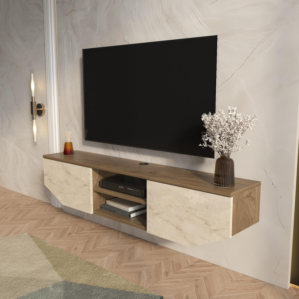 HÄNGENDE TV Einheit Hera Walnuss Travertin - Mokka, Holzwerkstoff (30/12.5/150cm) - Decorotika