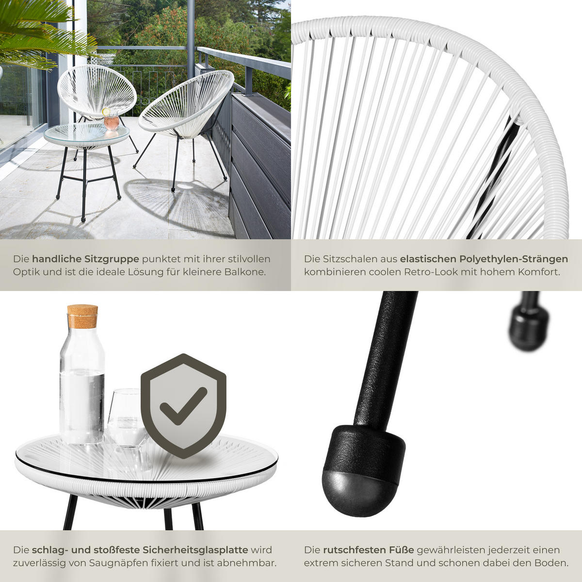 GARTENSTUHL 2er Set Santana mit Tisch, Belastbarkeit Stuhl 120 kg, weiß - Weiß, Kunststoff - tectake