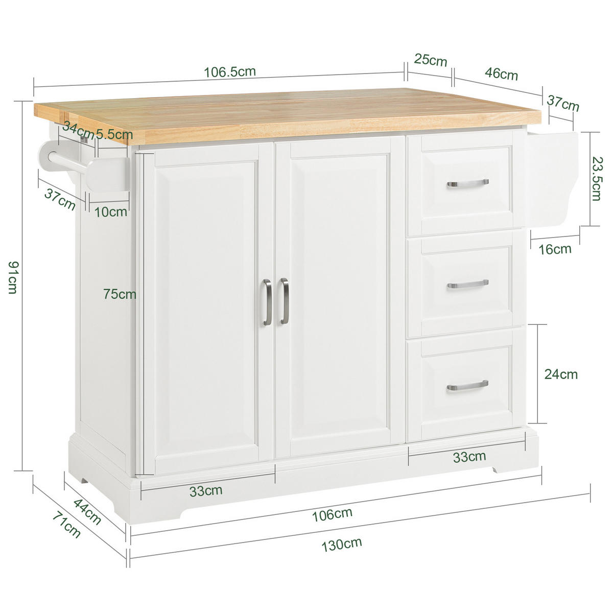 KÜCHENINSEL Weiß-Natur - Weiß, Holzwerkstoff (130/91/46cm) - SoBuy