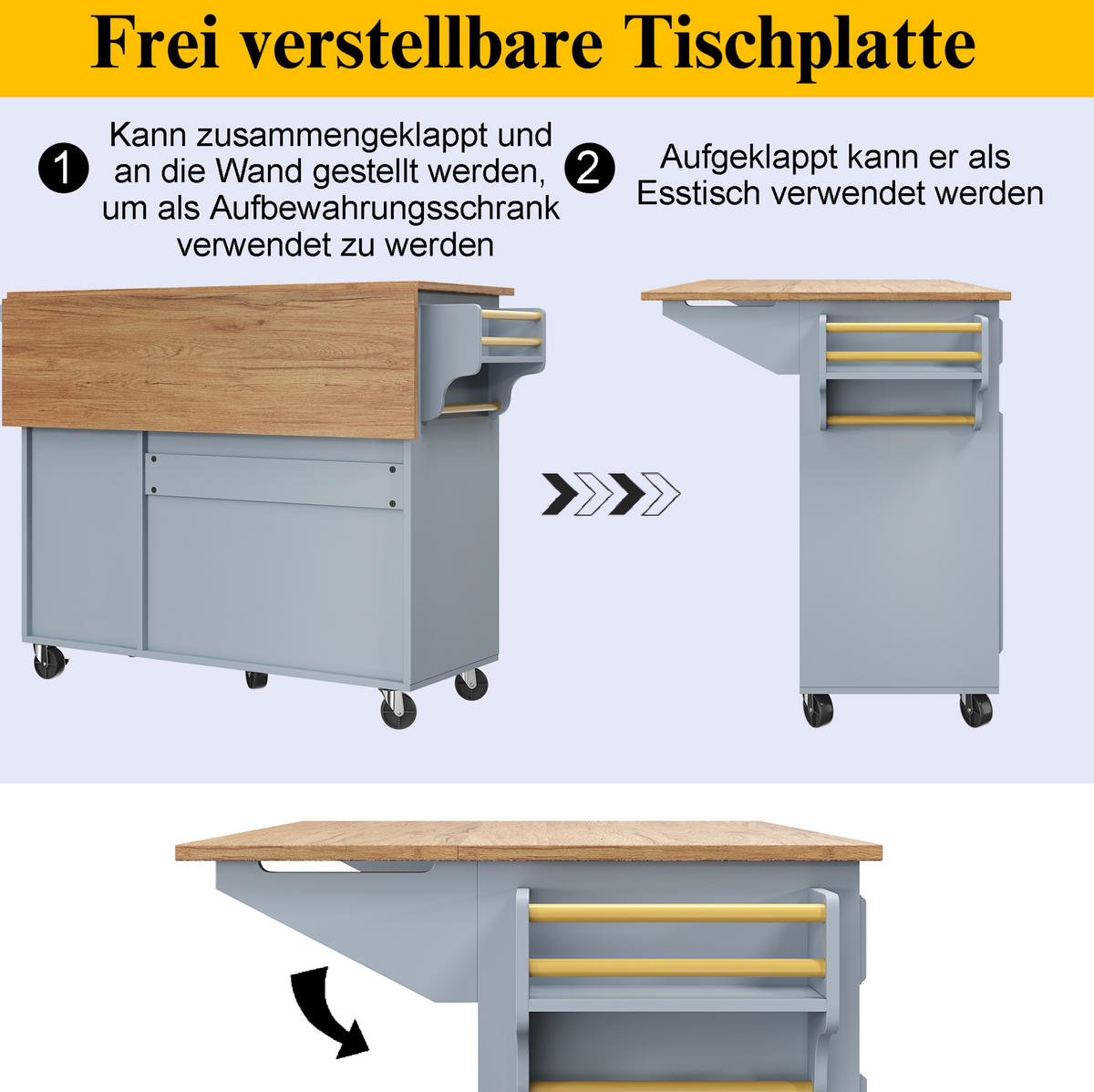 KÜCHENINSEL 110/45-75/92 cm aus MDF mit klappbarer Tischplatte Babyblau - Blau, Holzwerkstoff (110/92/75cm) - Modenvie