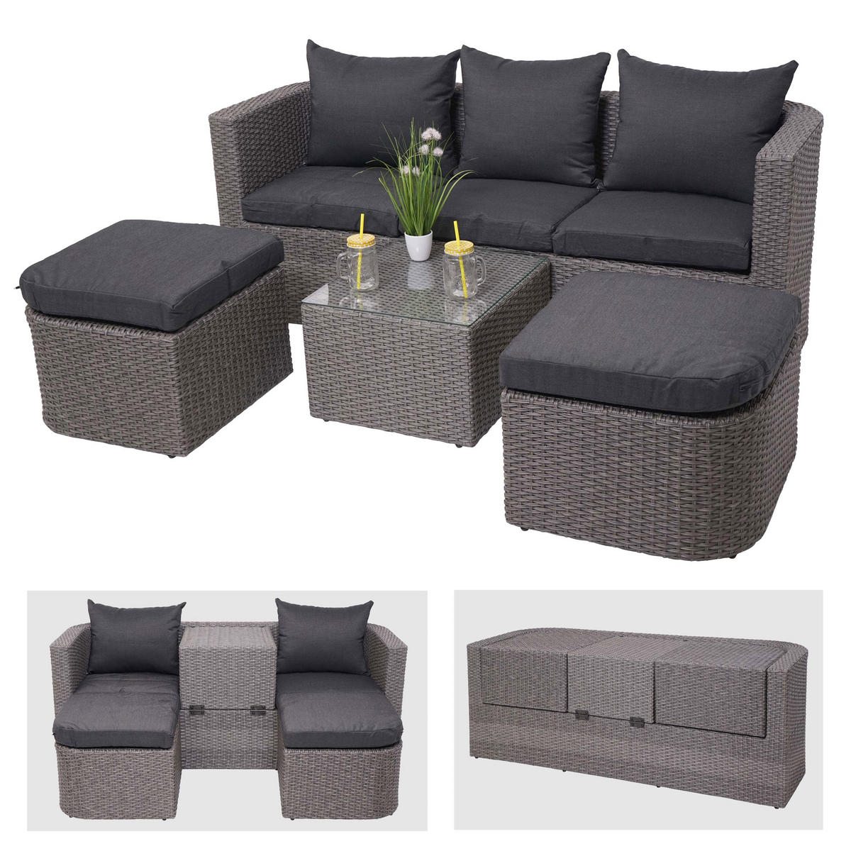 GARTENSET 3in1 Grau Kissen Anthrazit - Grau, Metall - PROREGAL