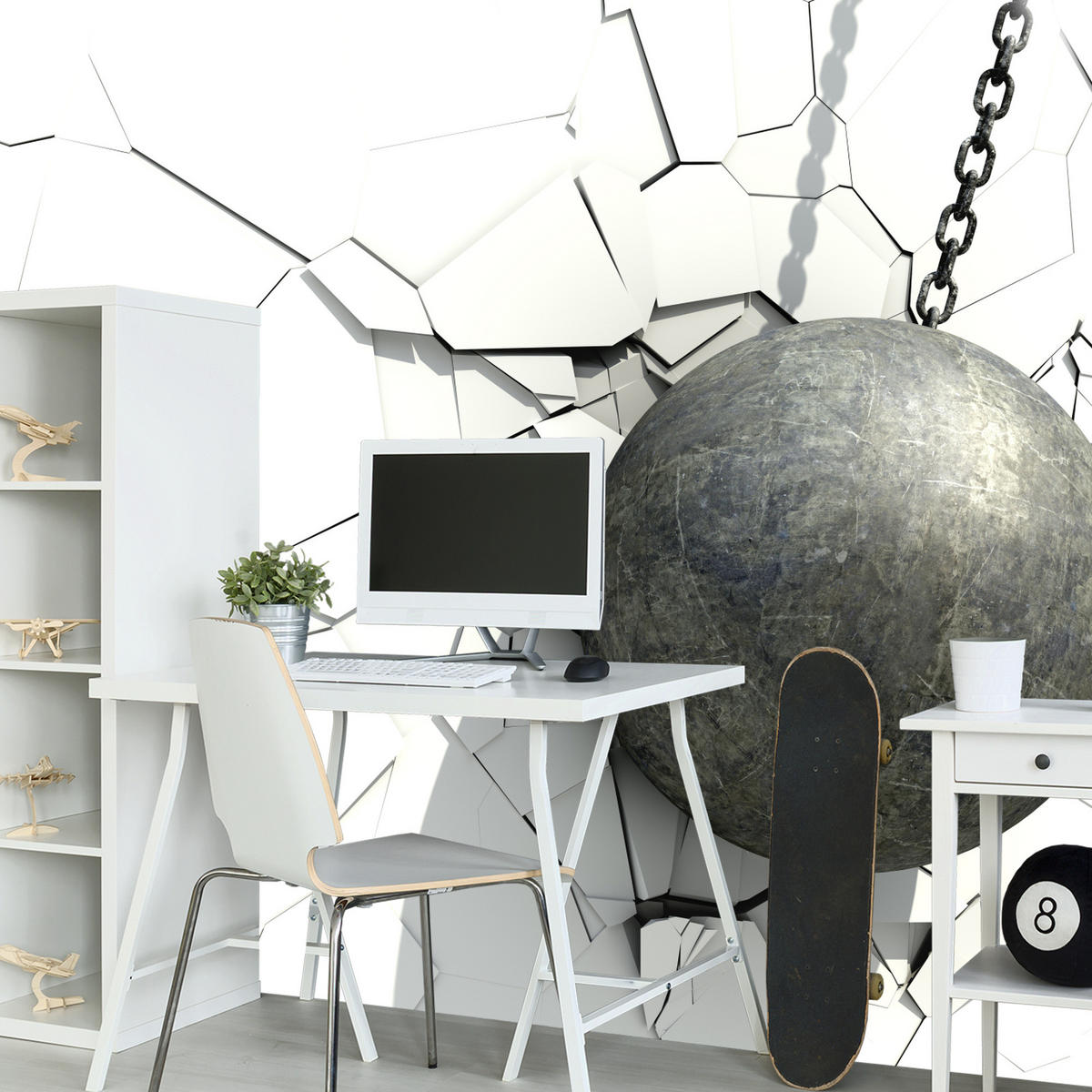 FOTOTAPETE für Büro Metallkugel Riss Weiße Wand 500x350 - Weiß/Grau, Papier (500/350cm) - Muralo