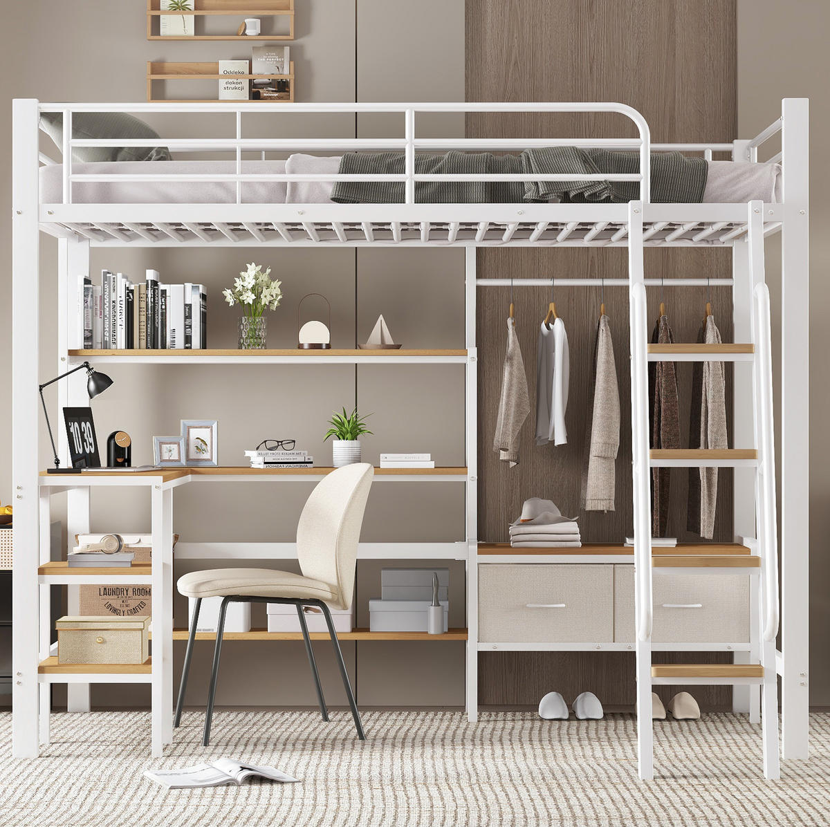 HOCHBETT 90/200 cm Weiß/Natur mit Schreibtisch und Stauraum - Weiß, Metall (90/200cm) - MIVRAY