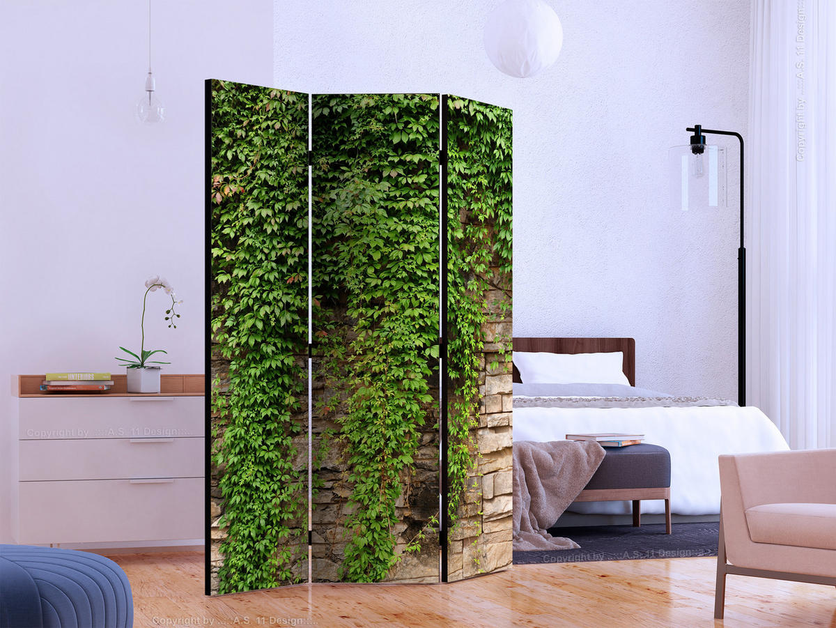 PARAVENT Einseitig Bedruckter 3-tlg 135x172 cm Mauer Mit Bl ttern - Grün, Holz/Textil (135/172/3cm) - Muralo